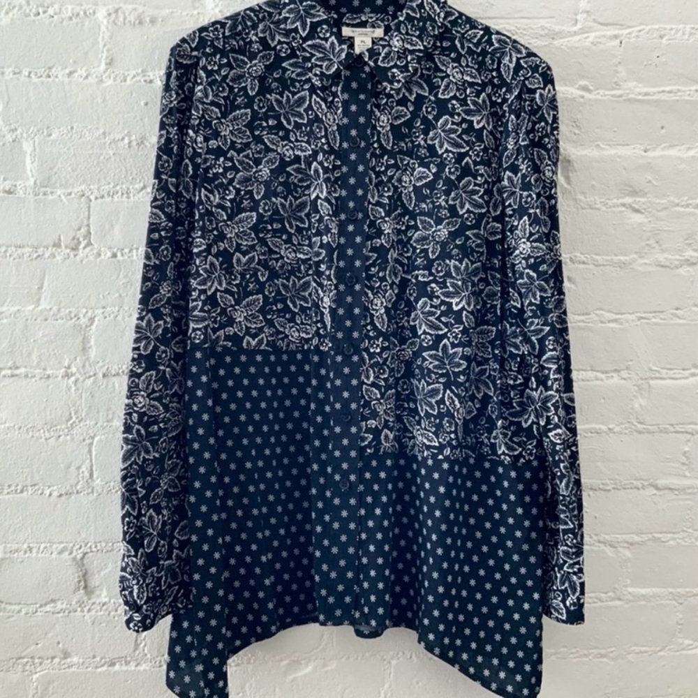 Womens Flowy Patchwork Floral Print Tunic Top Long Sleeve Button Up Artsy Boho